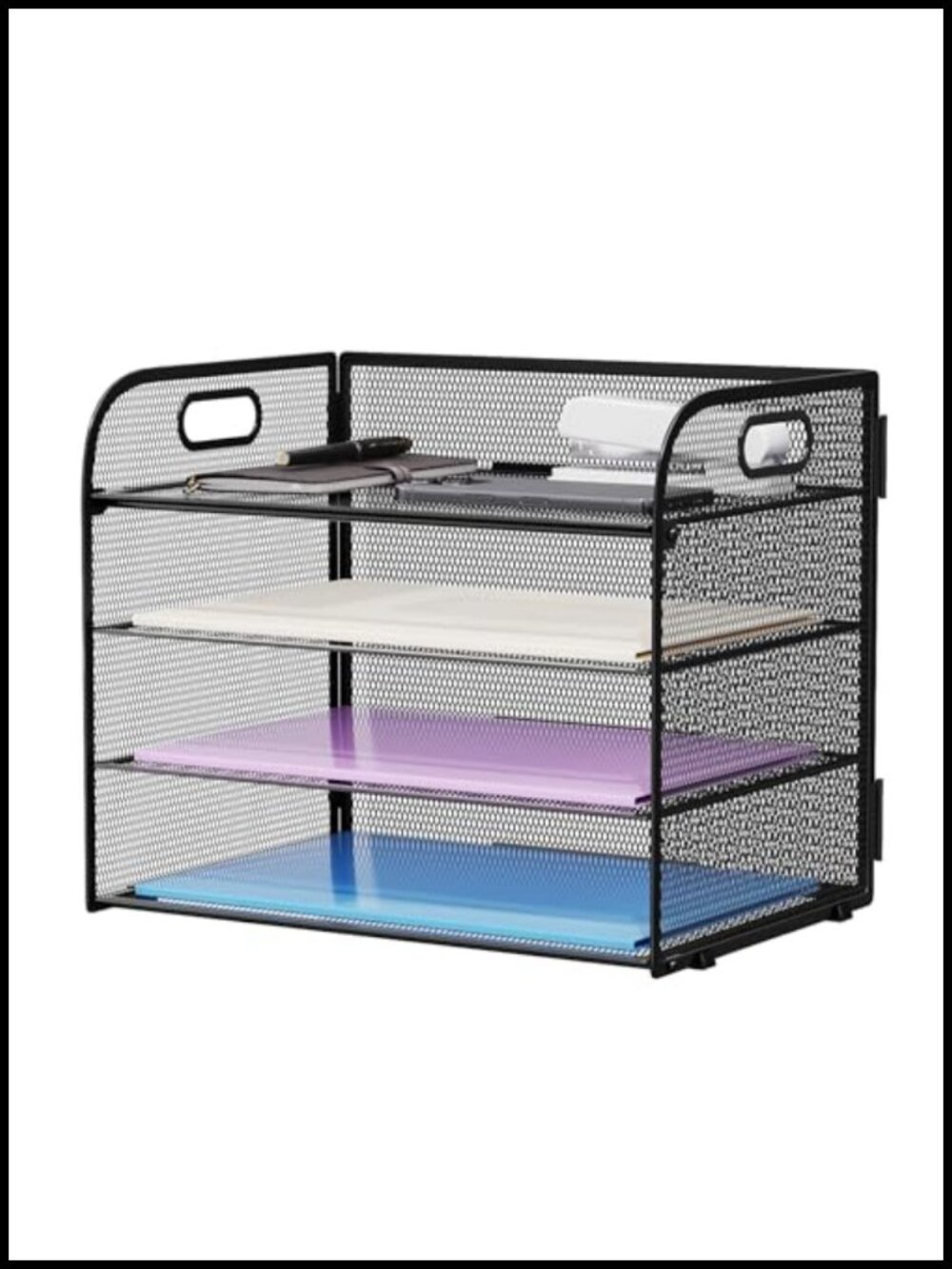 4 Tier Metal Mesh Desk File Organizer Letter Tray with Handle Paper Sorter